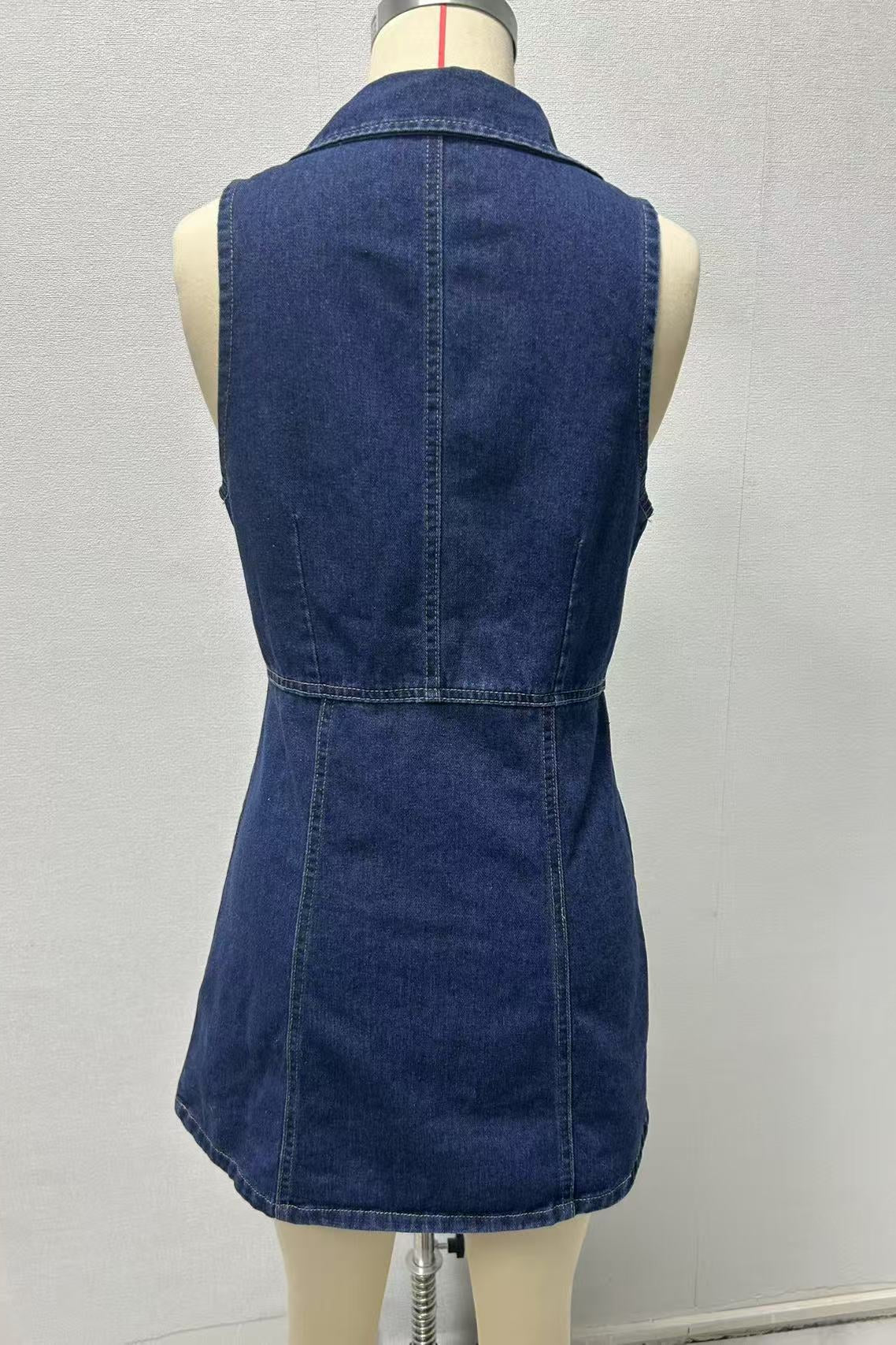 EARTHA COLLARED DENIM MINI DRESS DARK BLUE