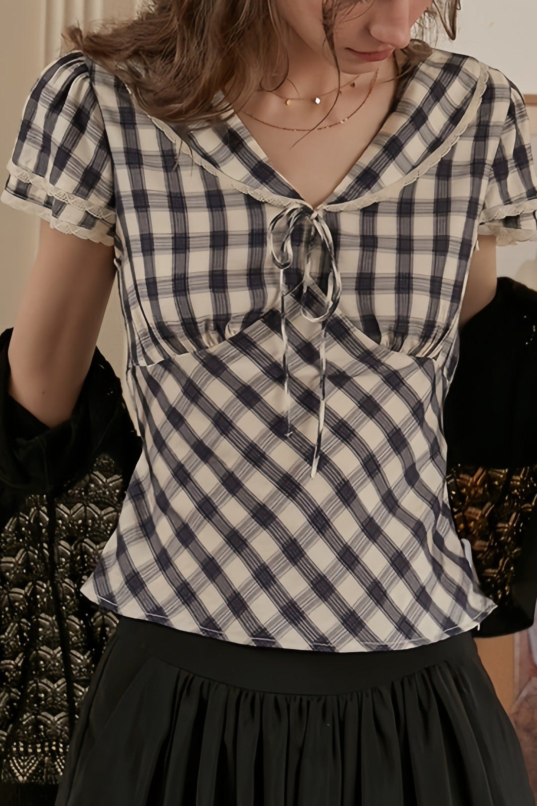 LONG SLEEVE NAVY COLLAR CHECK SHIRT
