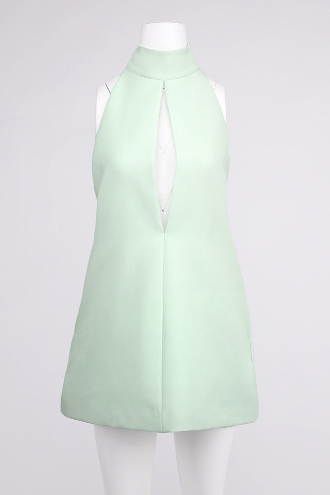 V-NECK BACKLESS HALTER DRESS - CELADON WEDDING GUEST