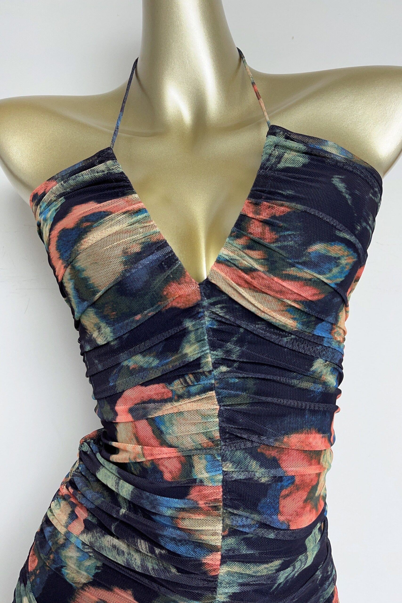 MULTICOLOR FLORAL PLEATED BODYCON MINI DRESS