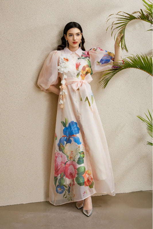 SINGLE-BREASTED FLORAL PUFF SLEEVE MAXI DRESS IN APRICOT