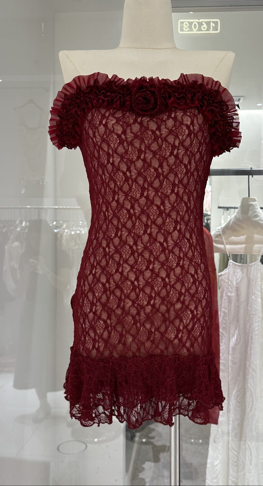 JENNY RUFFLE LACE STRAPLESS MINI DRESS FOR PARTY