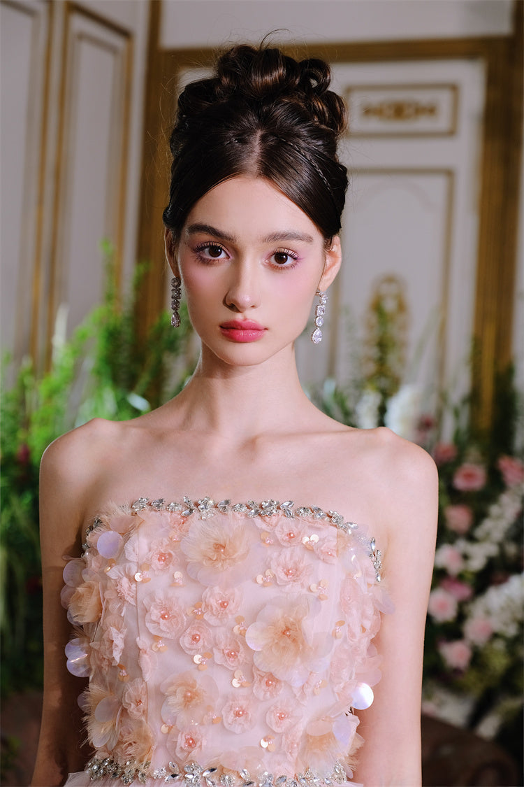 PINK PRINCESS RUFFLE MIDI STRAPLESS FLORAL DRESS