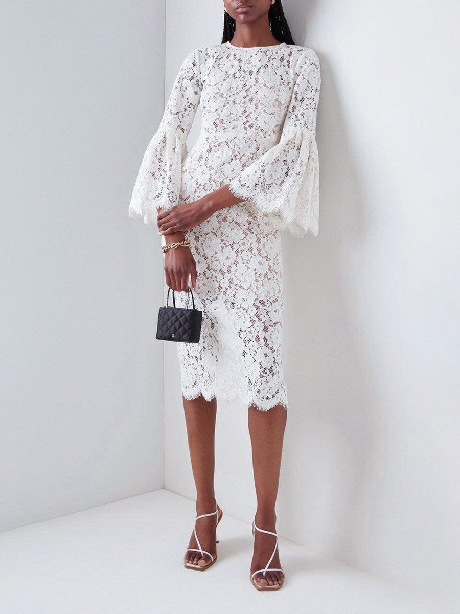 WHITE LACE HOLLOW MIDI DRESS FOR WEDDING