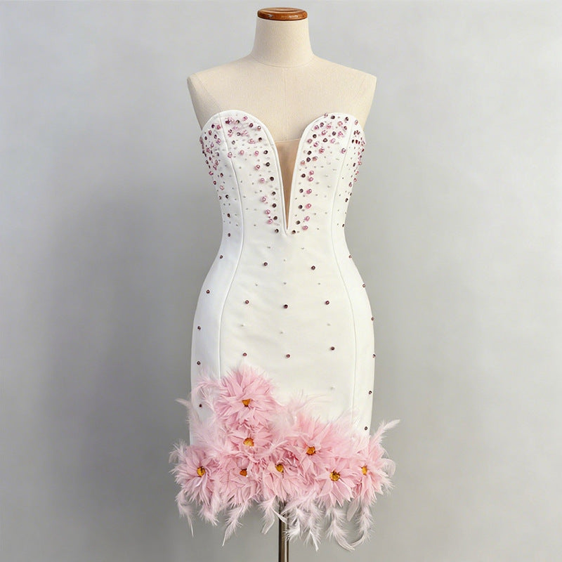 PEARL BODYCON TUBE DRESS, DEEP V-NECK MINI FOR PARTY