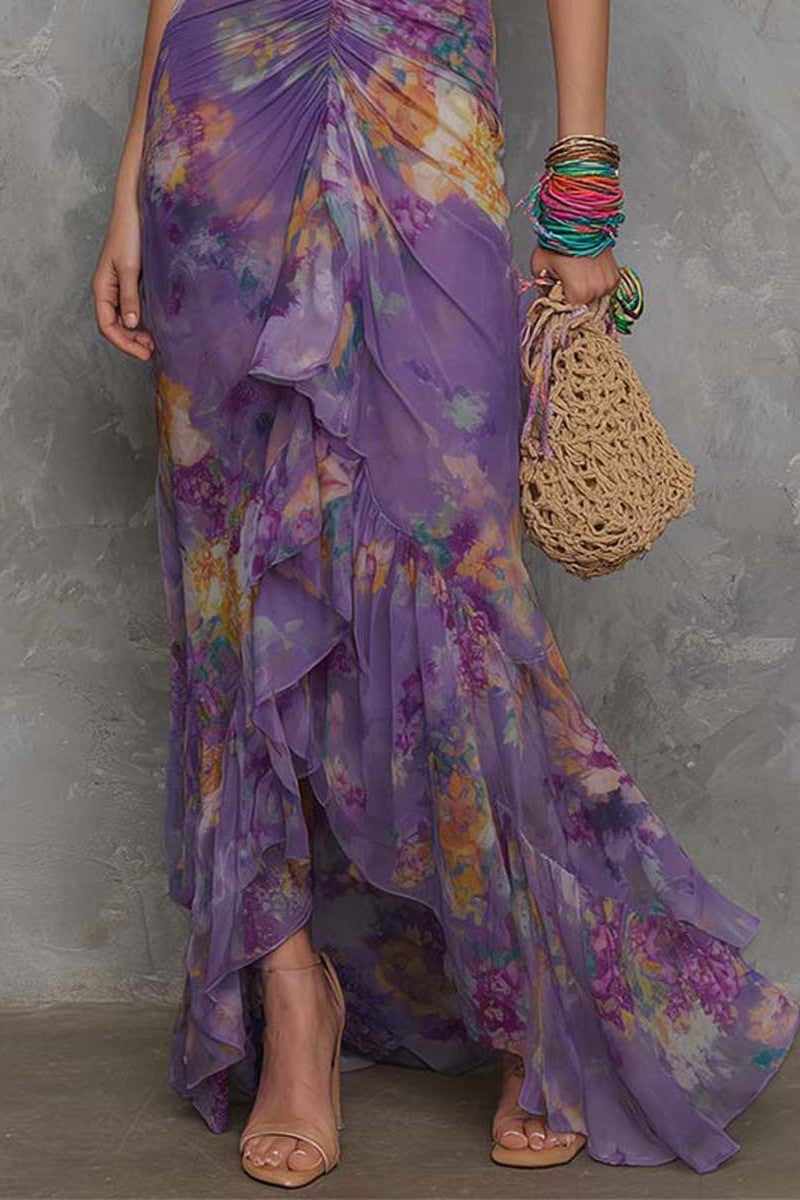 PURPLE FLORAL HALTER RUCHED MAXI DRESS
