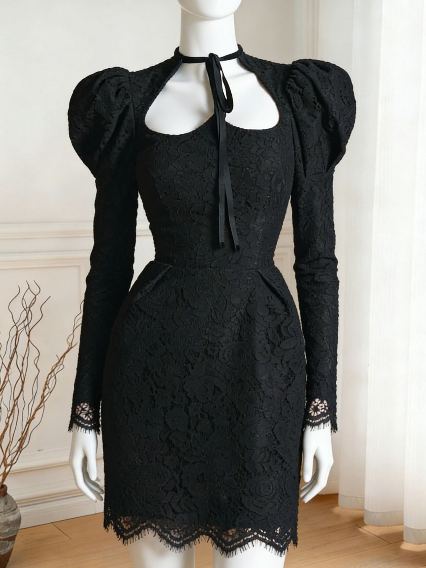 LACE PUFF-SLEEVE MINI DRESS FOR PARTY