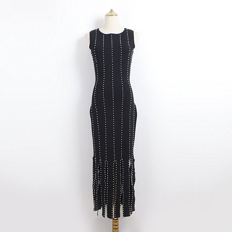 MARJORIE FRINGED BLACK KNIT MAXI DRESS
