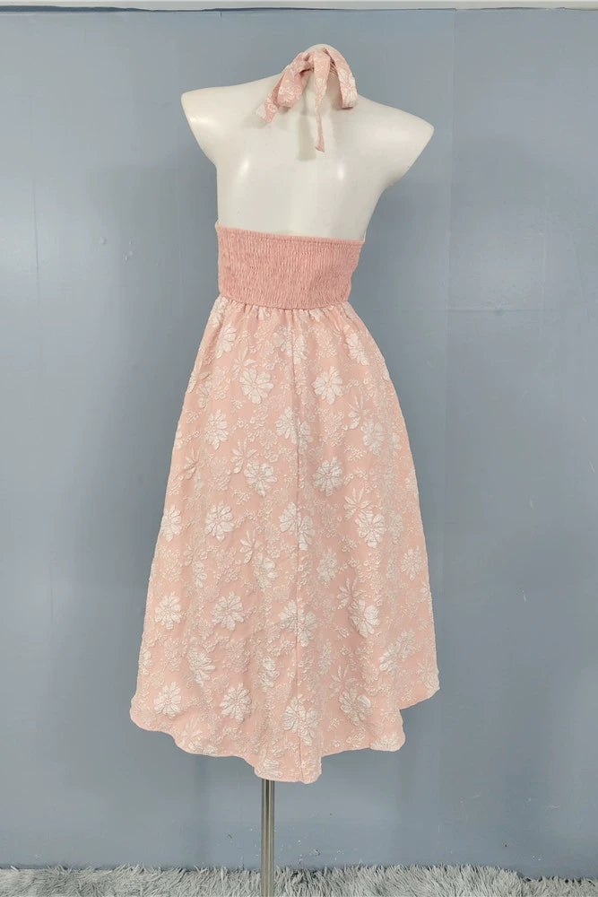 PINK JACQUARD HALTERNECK OPEN BACK SWING MIDI DRESS