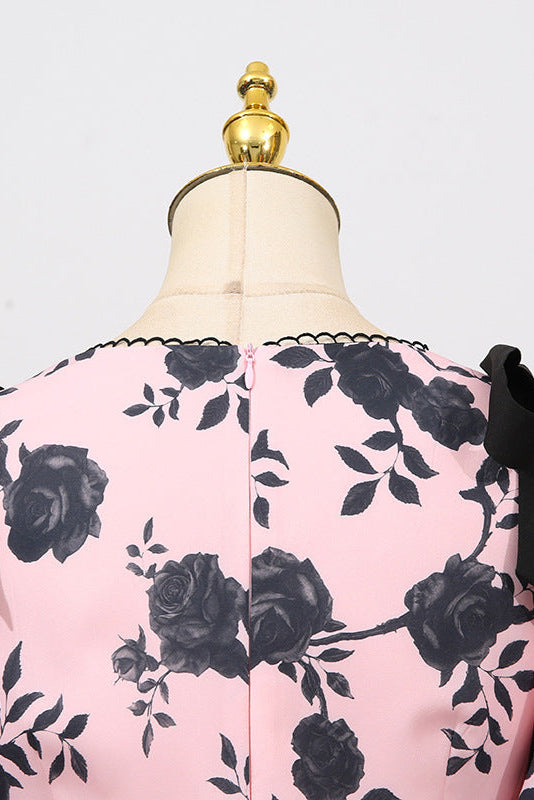 V-NECK SATIN FLORAL MIDI DRESS PINK