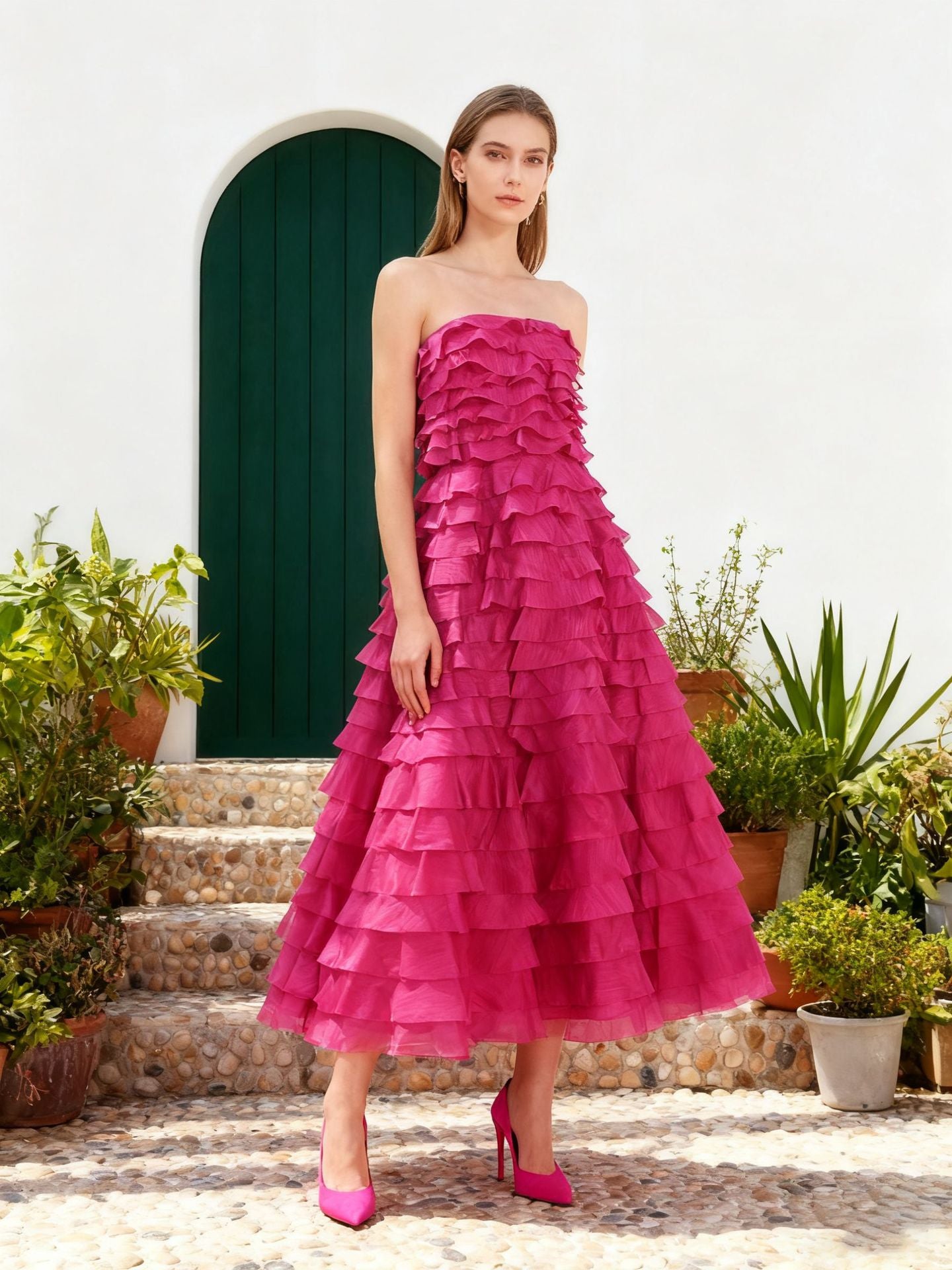CATHY PLEATED STRAPLESS MAXI DRESS IN ROSE RED