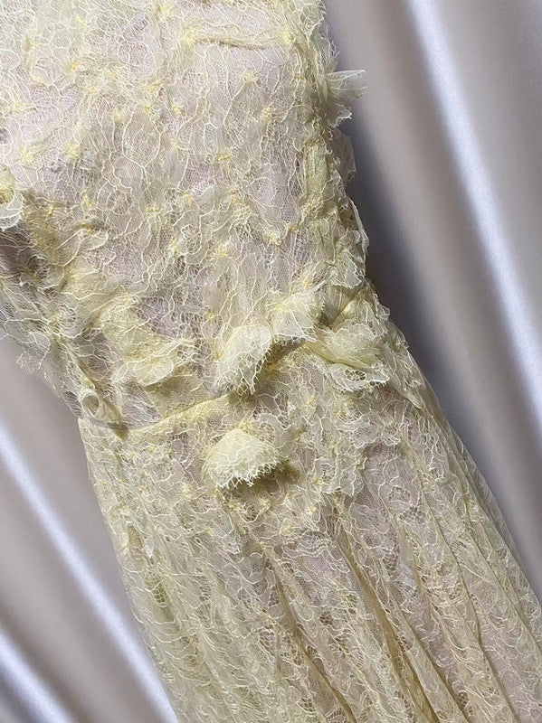 JENNIFER YELLOW LACE MAXI DRESS WITH FLOWER EMBELLISHMENTS