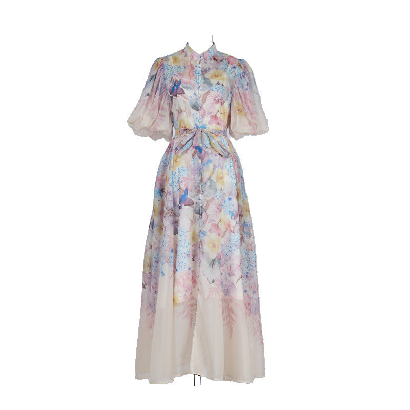 PINK FLORAL MANDARIN COLLAR CHIFFON MAXI DRESS