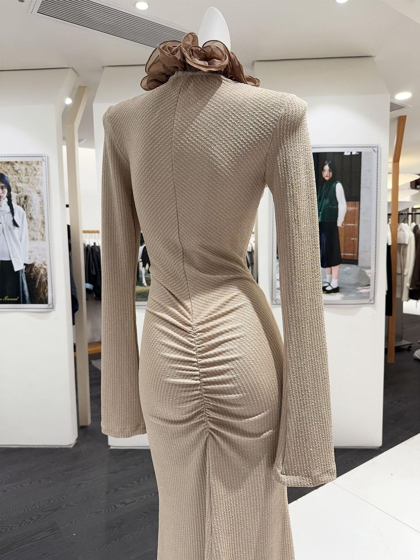 RACHEL CONTOUR RUFFLE KNIT MAXI DRESS, PALE BROWN