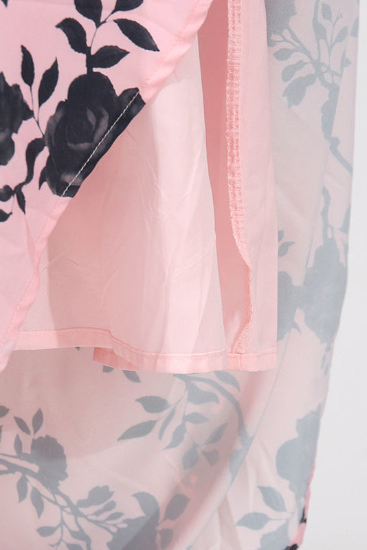 V-NECK SATIN FLORAL MIDI DRESS PINK