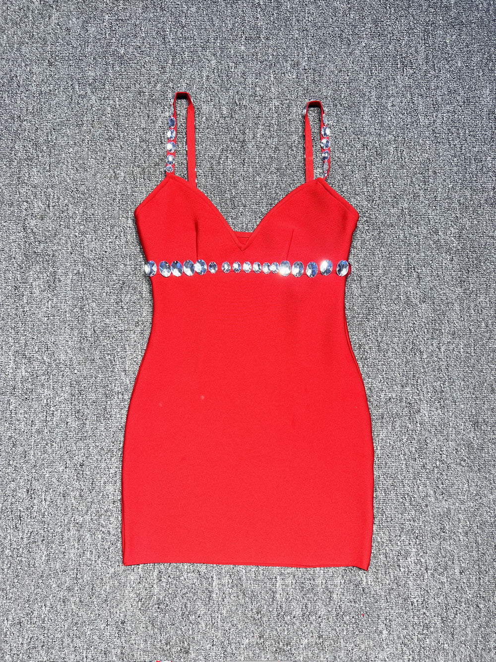 KAREN RED RHINESTONE BODYCON V-NECK MINI DRESS