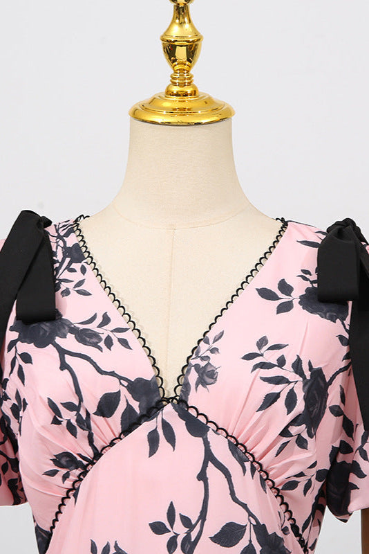V-NECK SATIN FLORAL MIDI DRESS PINK