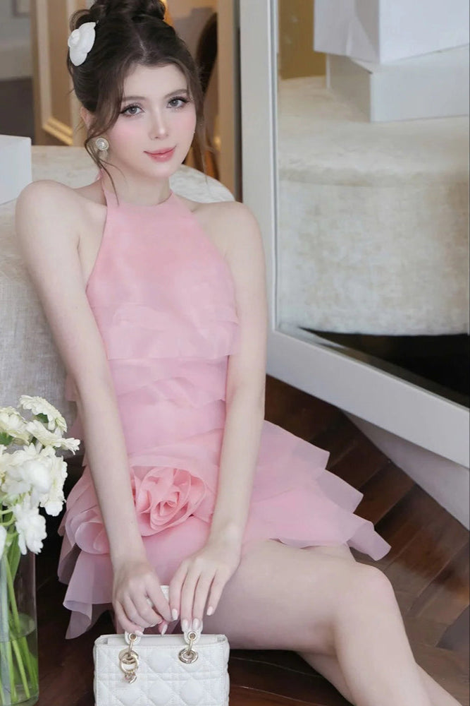3D FLOWER HALTER MINI DRESS IN PINK FOR PARTY