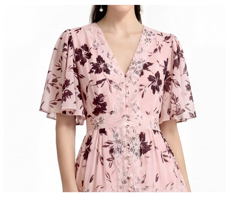 V-NECK LACE TRIM PRINTED MAXI DRESS PINK