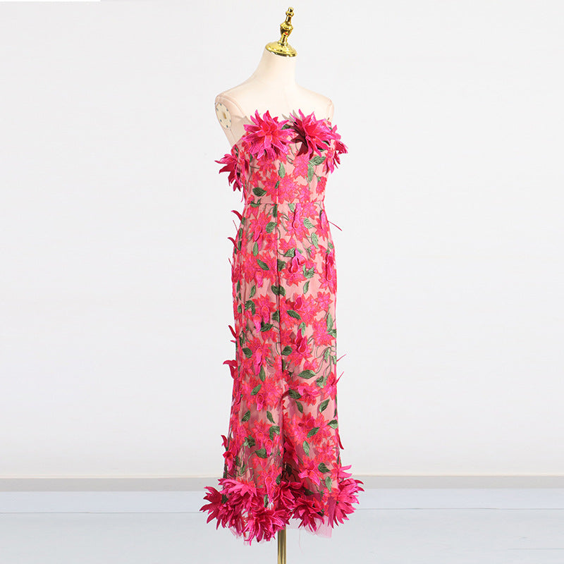 3D FLOWER EMBROIDERY STRAPLESS ROSE RED MIDI DRESS