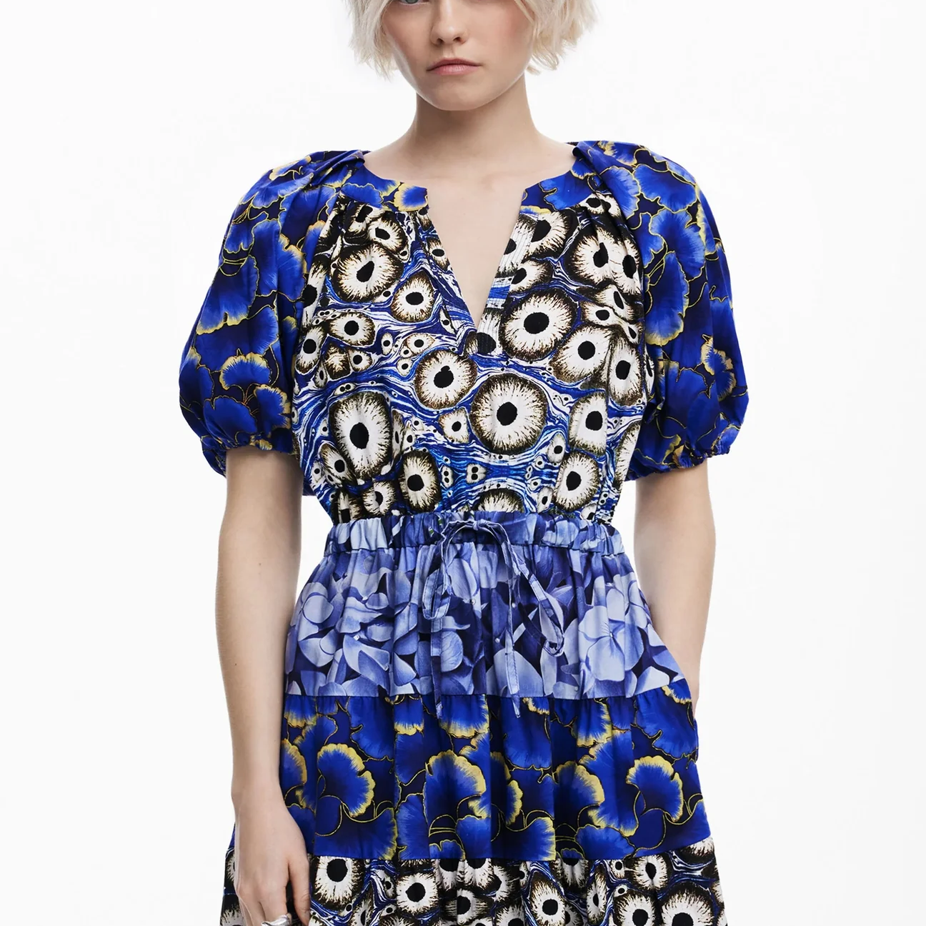 BLUE MIXED PRINT PUFF SLEEVE TIERED MIDI DRESS