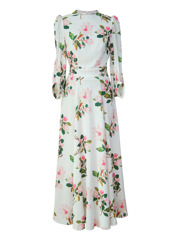 WHITE FLORAL SATIN MAXI DRESS WITH BALLOON SLEEVES