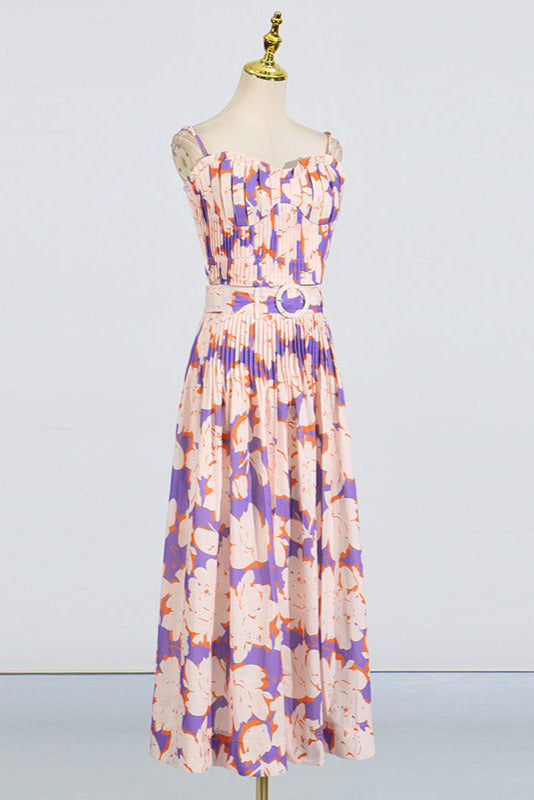 PLEATED FLORAL BUSTIER TOP & SKIRT SET, BLUE, BEACH