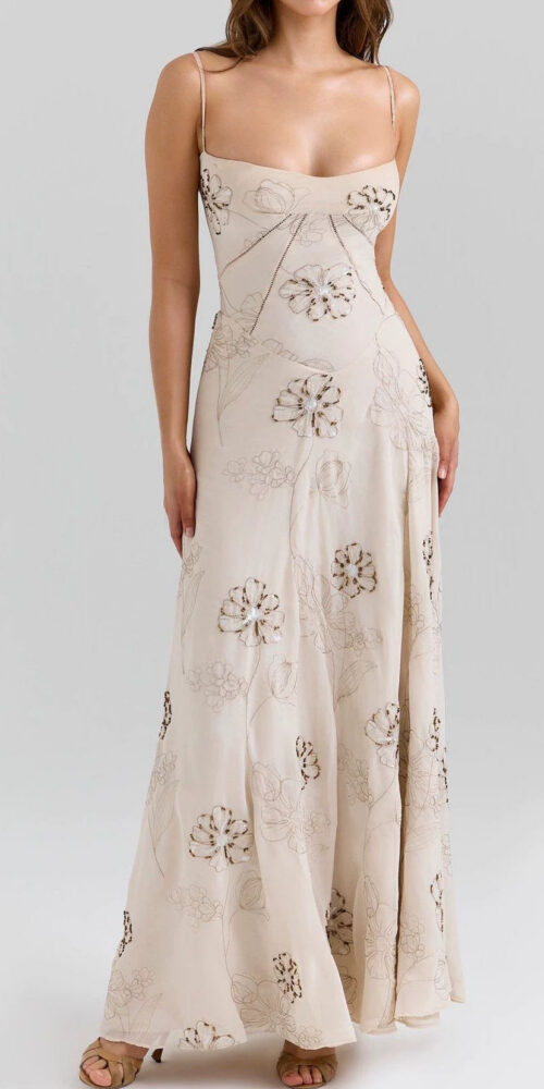 Beige Floral Beaded Spaghetti Strap Maxi Dress Beige Floral Beaded Spaghetti Strap Maxi Dress