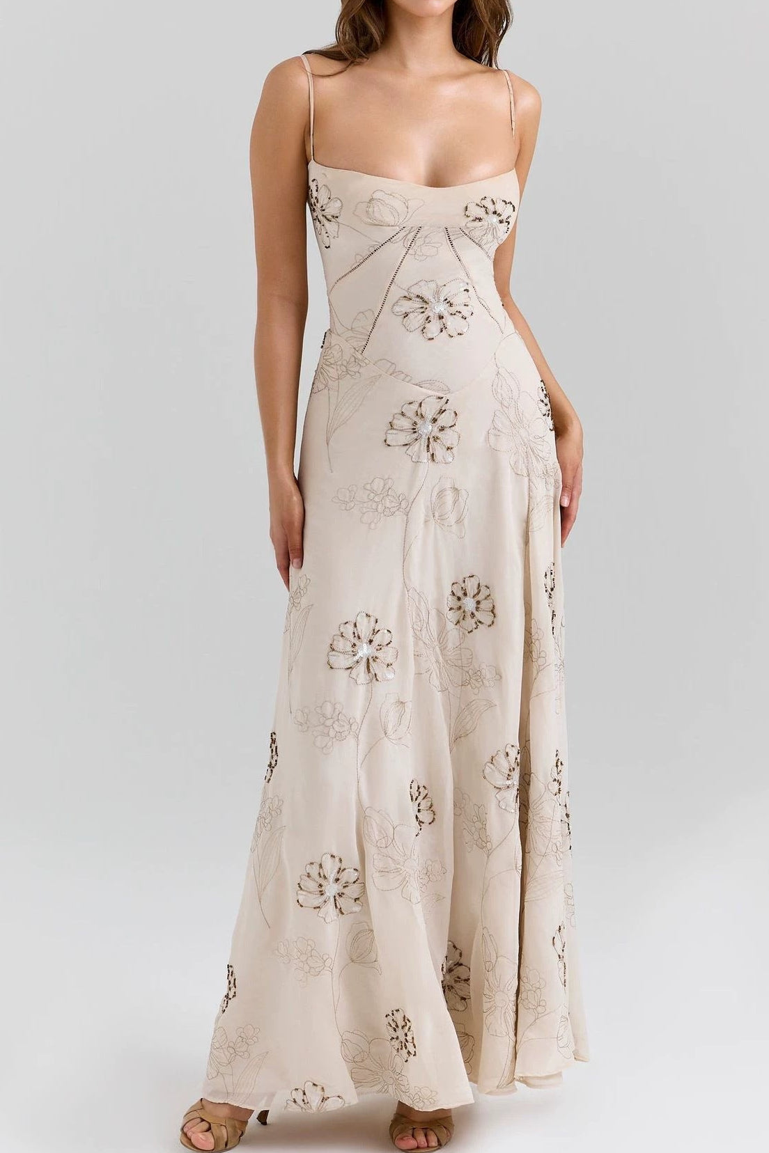 Beige Floral Beaded Spaghetti Strap Maxi Dress