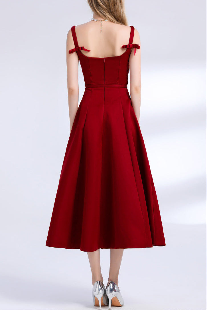 RED SATIN SQUARE NECK SLIP MIDI DRESS
