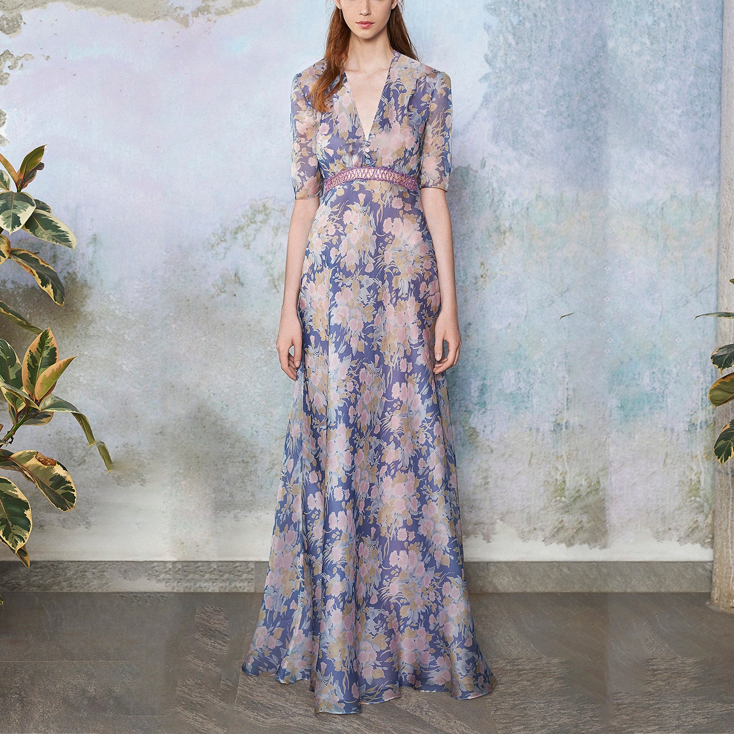 PURPLE FLORAL PRINT V-NECK MAXI DRESS FOR WEDDING