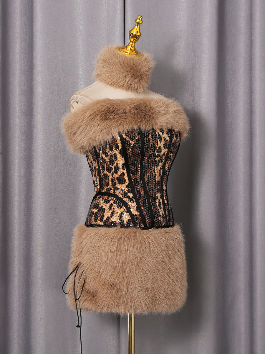 SEXY LEOPARD FUR SEQUIN SKIRT SET FOR PARTY
