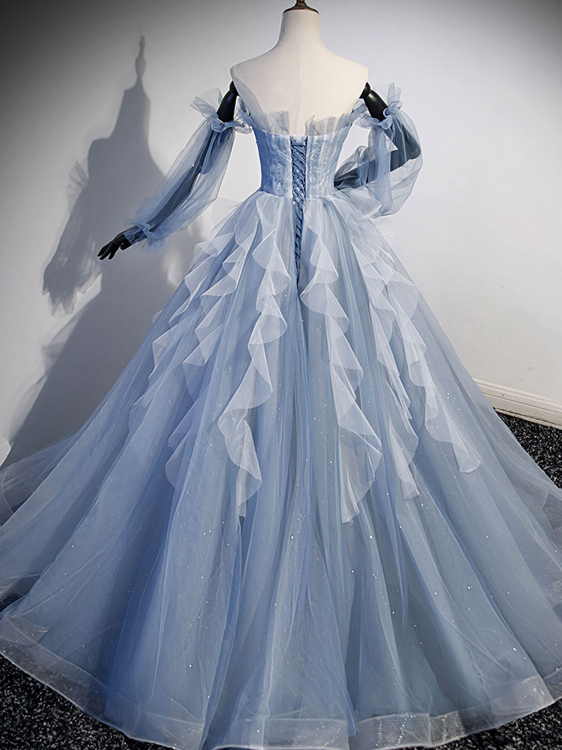 A-LINE TULLE GRAY BLUE PROM DRESS