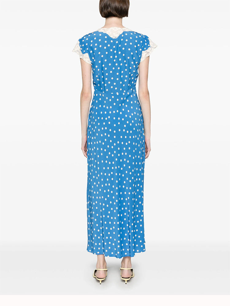 POLKA DOT LACE V-NECK MAXI DRESS IN BLUE