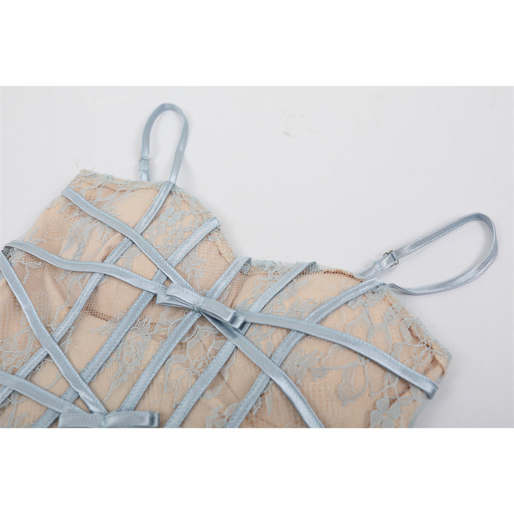 LIGHT BLUE LACE CORSET TULLE MINI DRESS