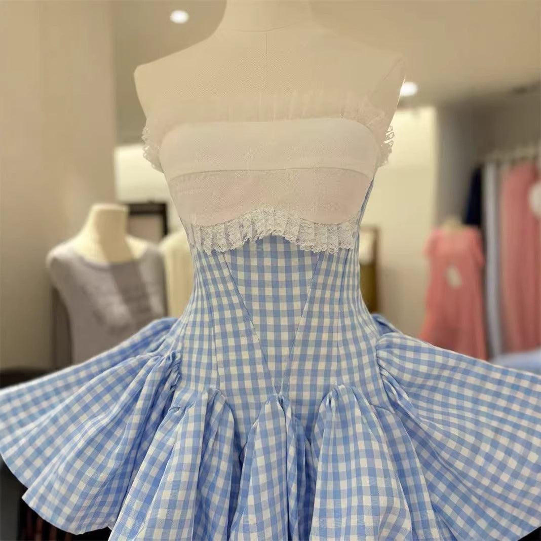 STEPHANIE PLAID STRAPLESS PUFFY MINI DRESS - BLUE