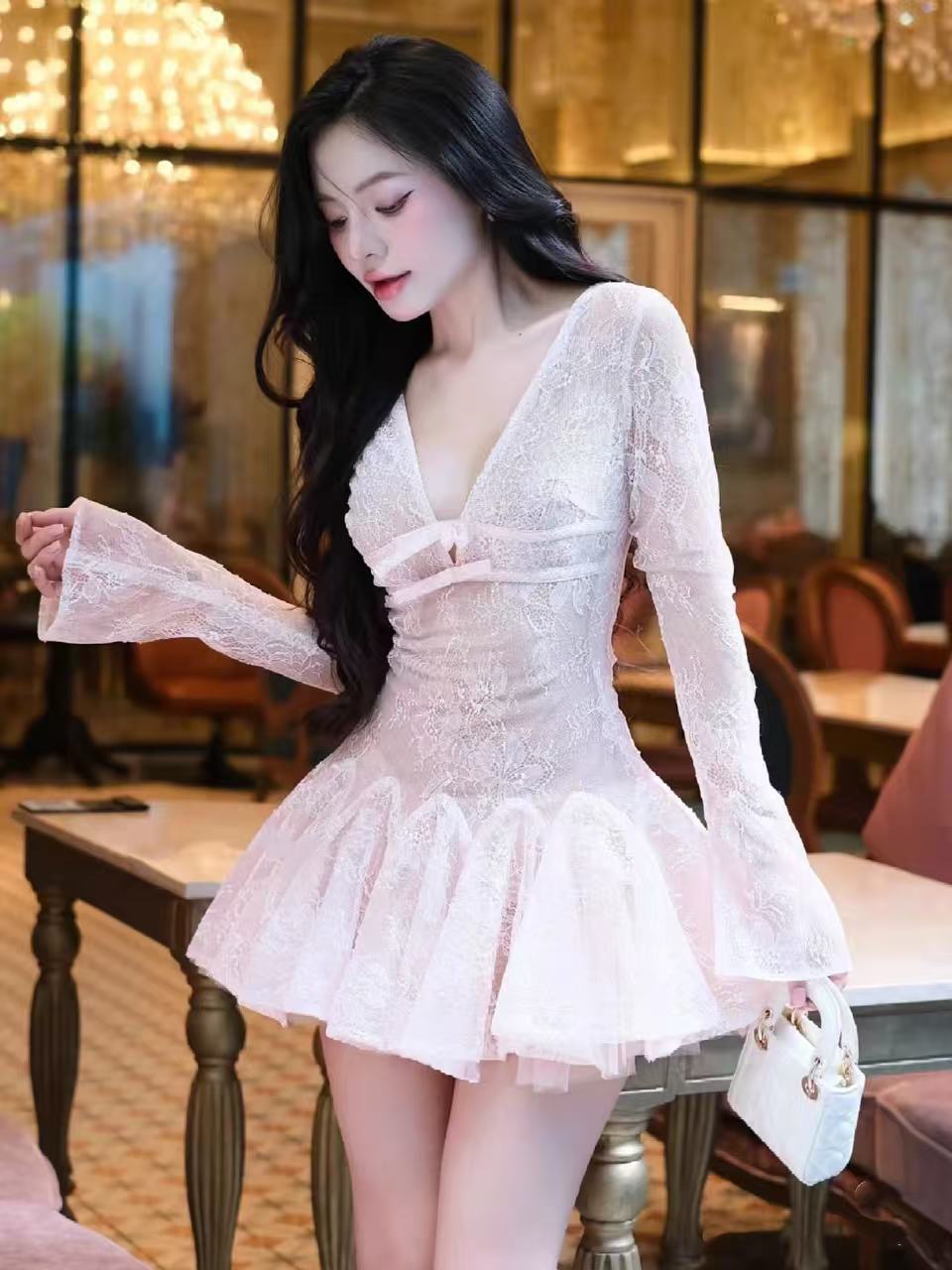 EILEEN PINK LACE A-LINE MINI DRESS