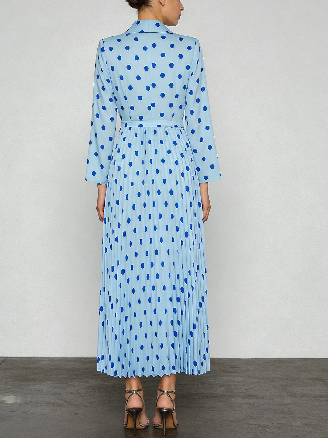 BLUE POLKA DOT V-NECK PLEATED MIDI DRESS