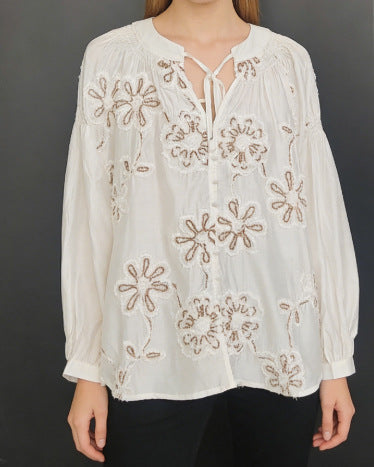 LOWER EMBROIDERY STAND-UP COLLAR LONG SLEEVE SHIRT