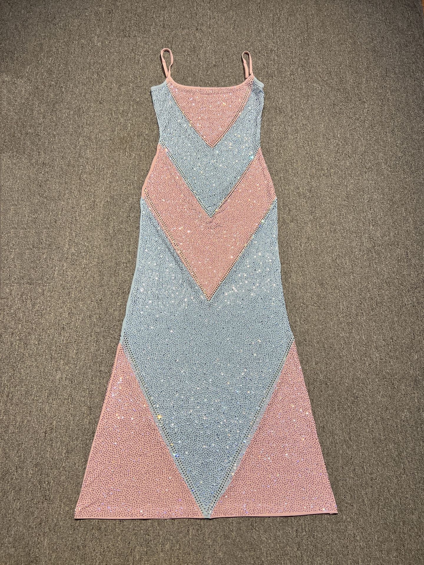 SHIMMERY RHINESTONE BODYCON MAXI DRESS - PARTY BLUE PINK