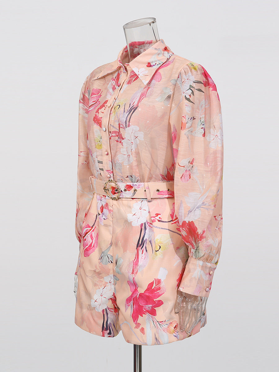 ORANGE FLORAL PRINT SHIRT SHORTS SET