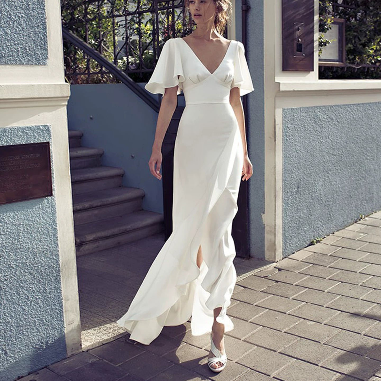 WHITE SATIN BACKLESS DRESS, FLARED SLEEVES V-NECK