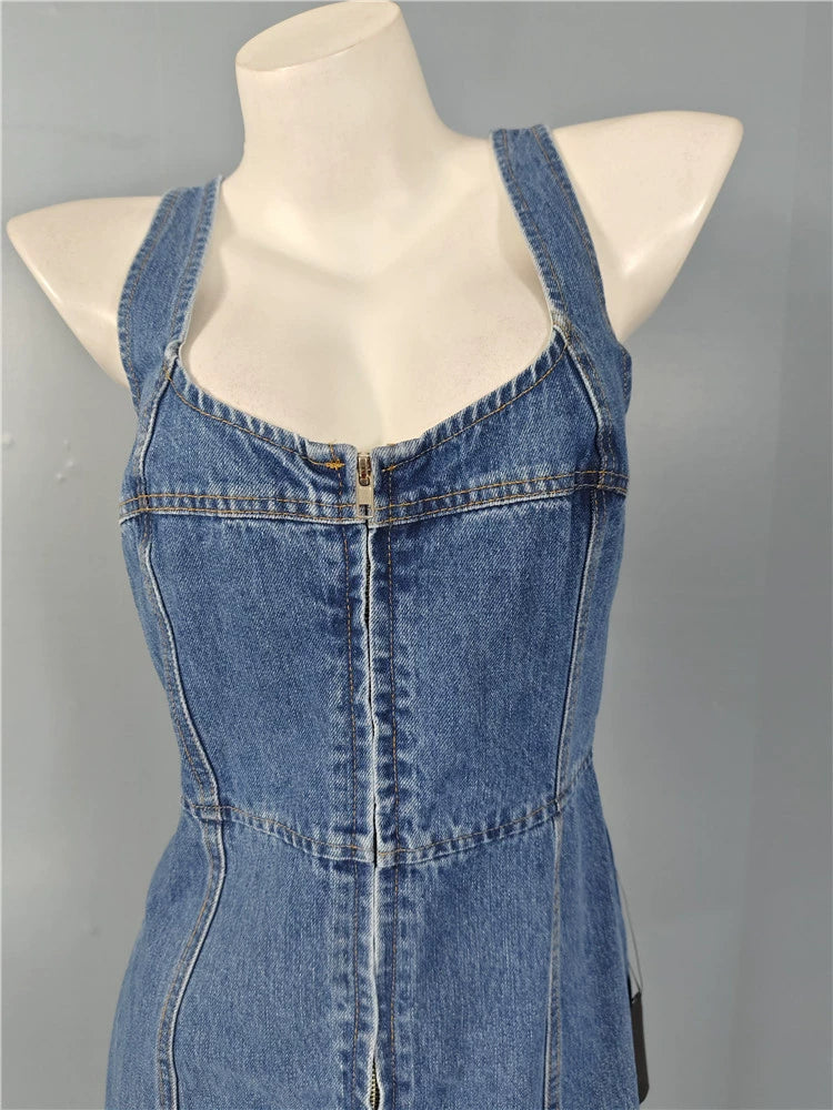 DENIM SQUARE NECK SUSPENDER SLIM MINI DRESS