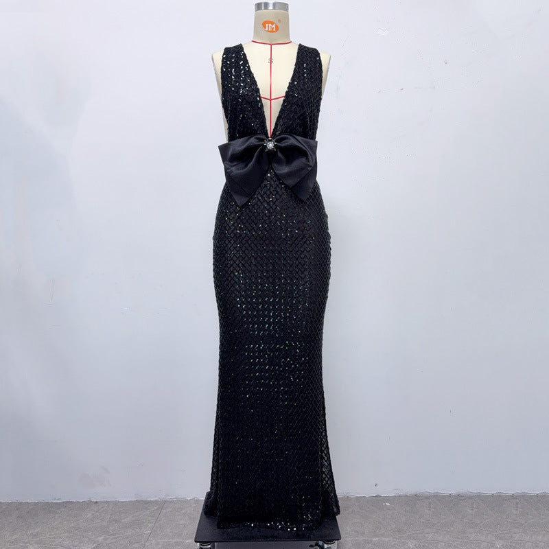 V-NECK SEQUIN MAXI DRESS IN BLACK, REBECCA BOW