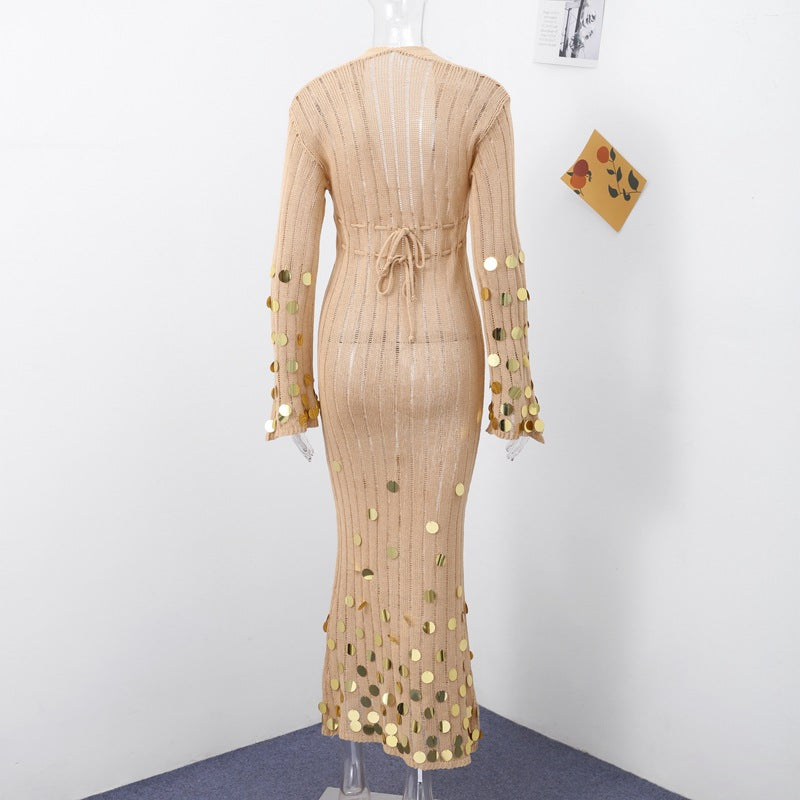 ELMA GOLDEN AURA V-NECK KNIT MAXI DRESS