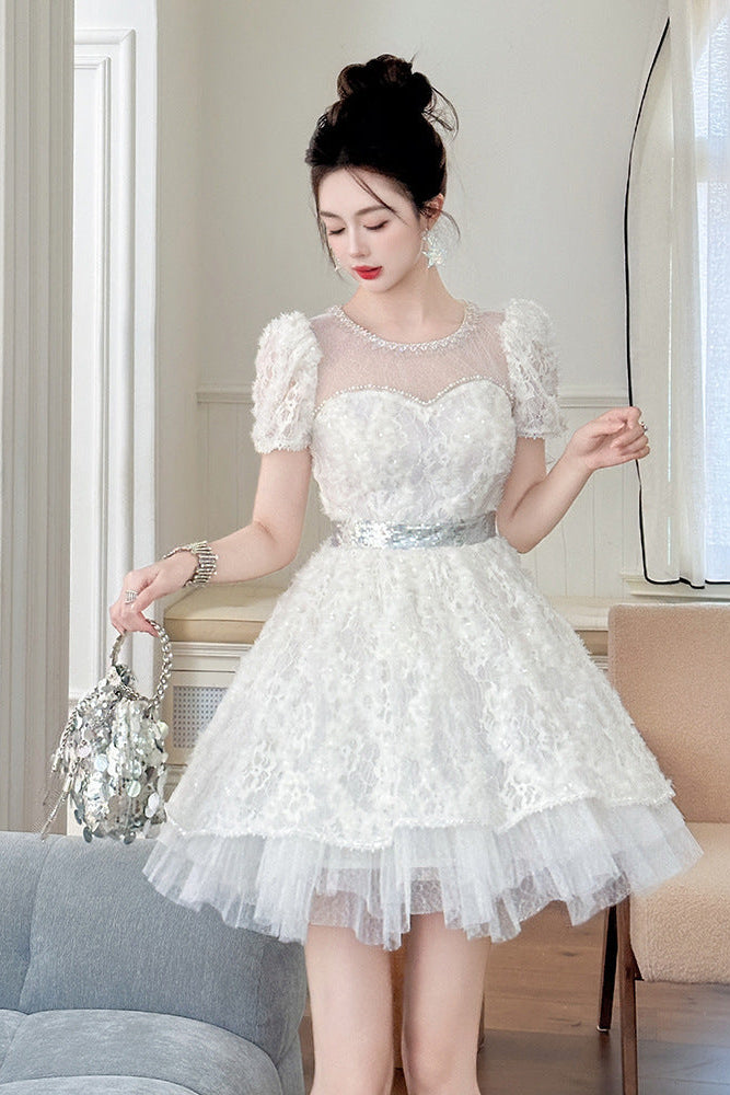 WHITE LACE SEQUIN PUFF SLEEVE MINI DRESS