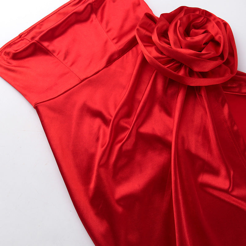STRAPLESS FLOWER SATIN MIDI DRESS FOR WEDDING