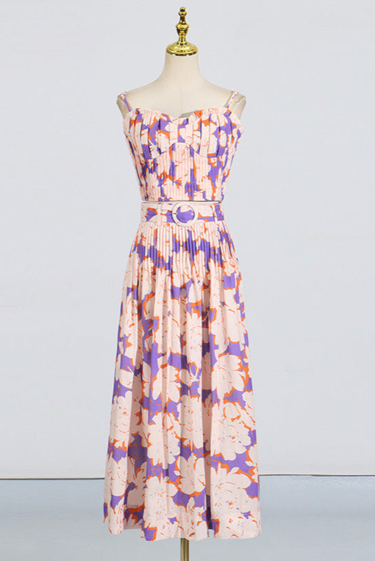 PLEATED FLORAL BUSTIER TOP & SKIRT SET, BLUE, BEACH