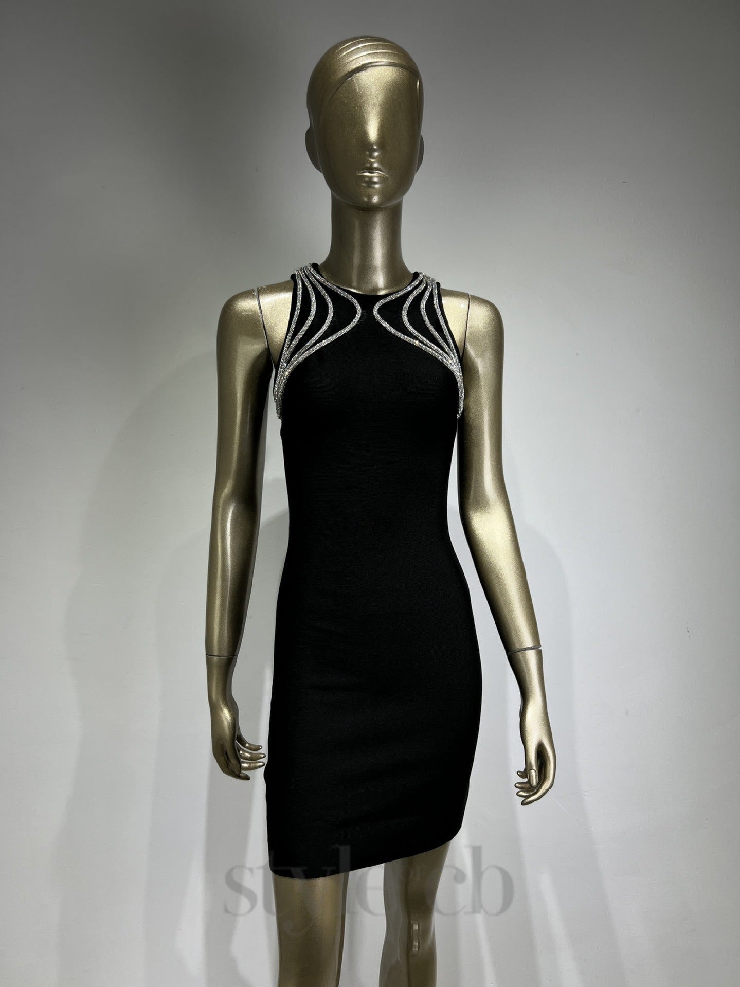 MIKINE BLACK BANDAGE MINI DRESS, DIAMANTE PARTY
