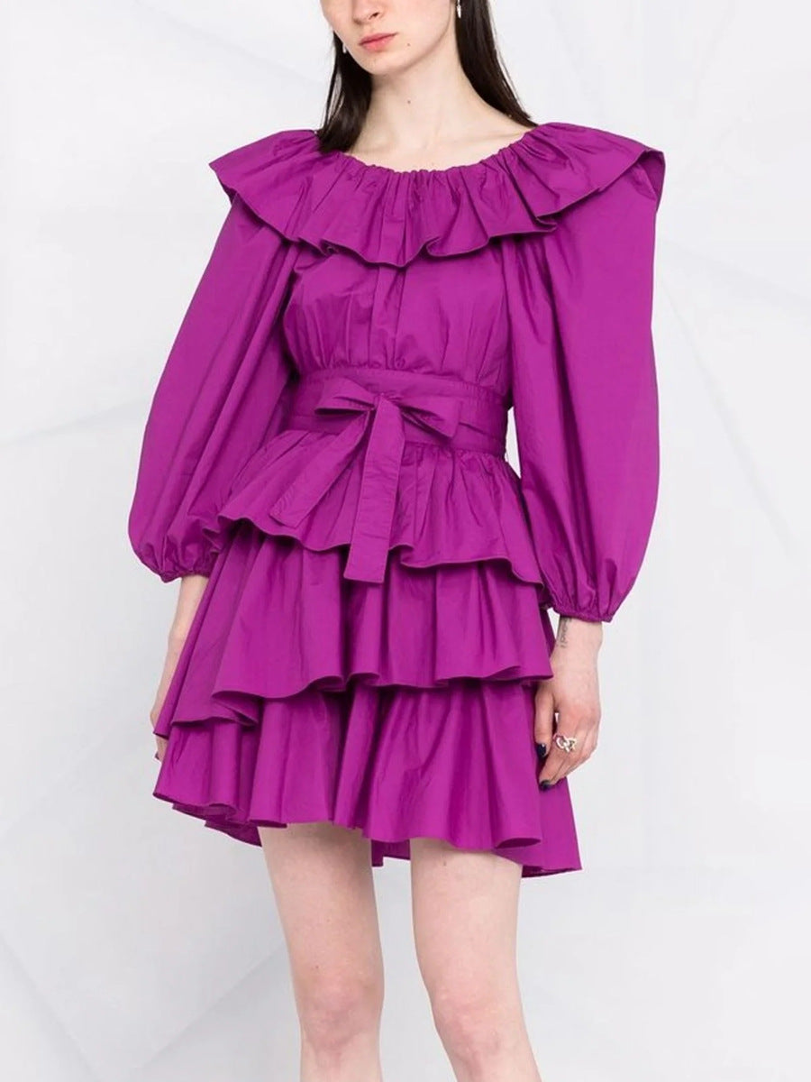 MURRAY PUFF SLEEVE RUFFLE LAYER MINI DRESS PURPLE